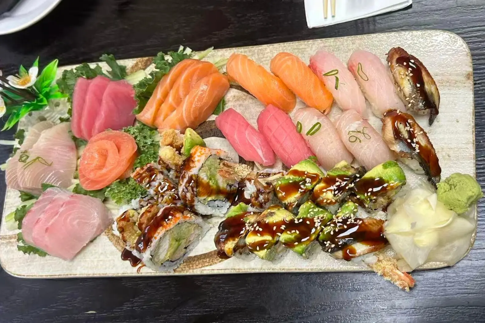 A platter featuring assorted sushi and sashimi at Dharma Sushi & Grill, a Japanese Restaurant in Schenectady